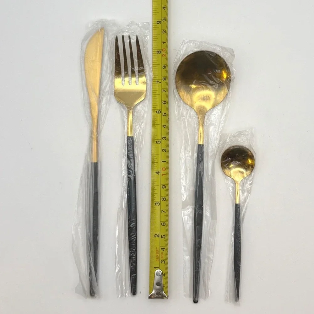 24pc Stainless Steel Flatware Set Matte Gold Black Handles Silverware Service 6